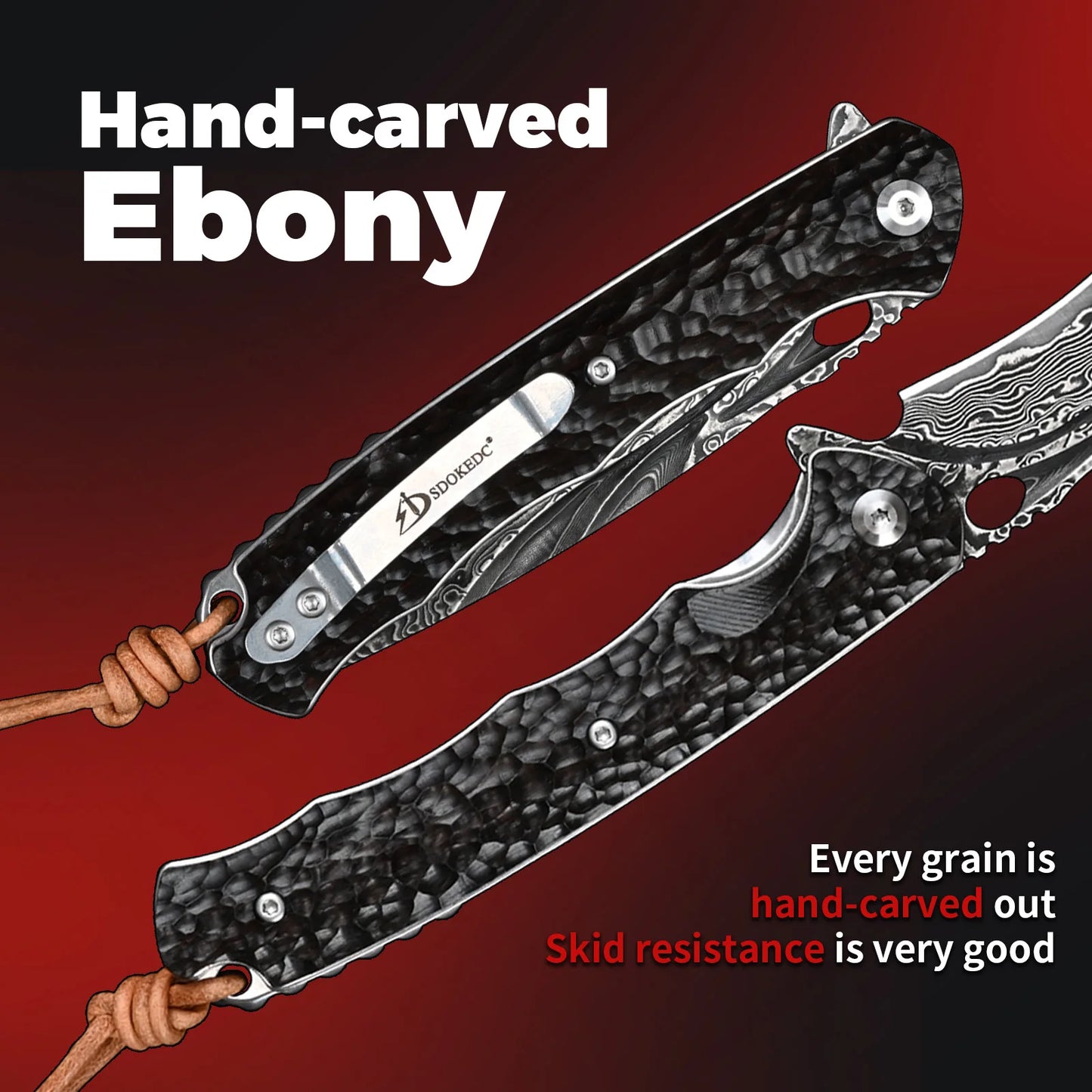 SDOKEDC Folding Knives VG10 Damascus Steel Hand Carved Ebony Pocket Knife Camping Survival Edc Multitool Utility Knife Mens Gift