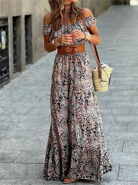 Sweet Slash-neck Print Dress for Women Summer Vintage Elegant Bare Shoulder Long Dresses Women Boho High Waist Vacation Dress