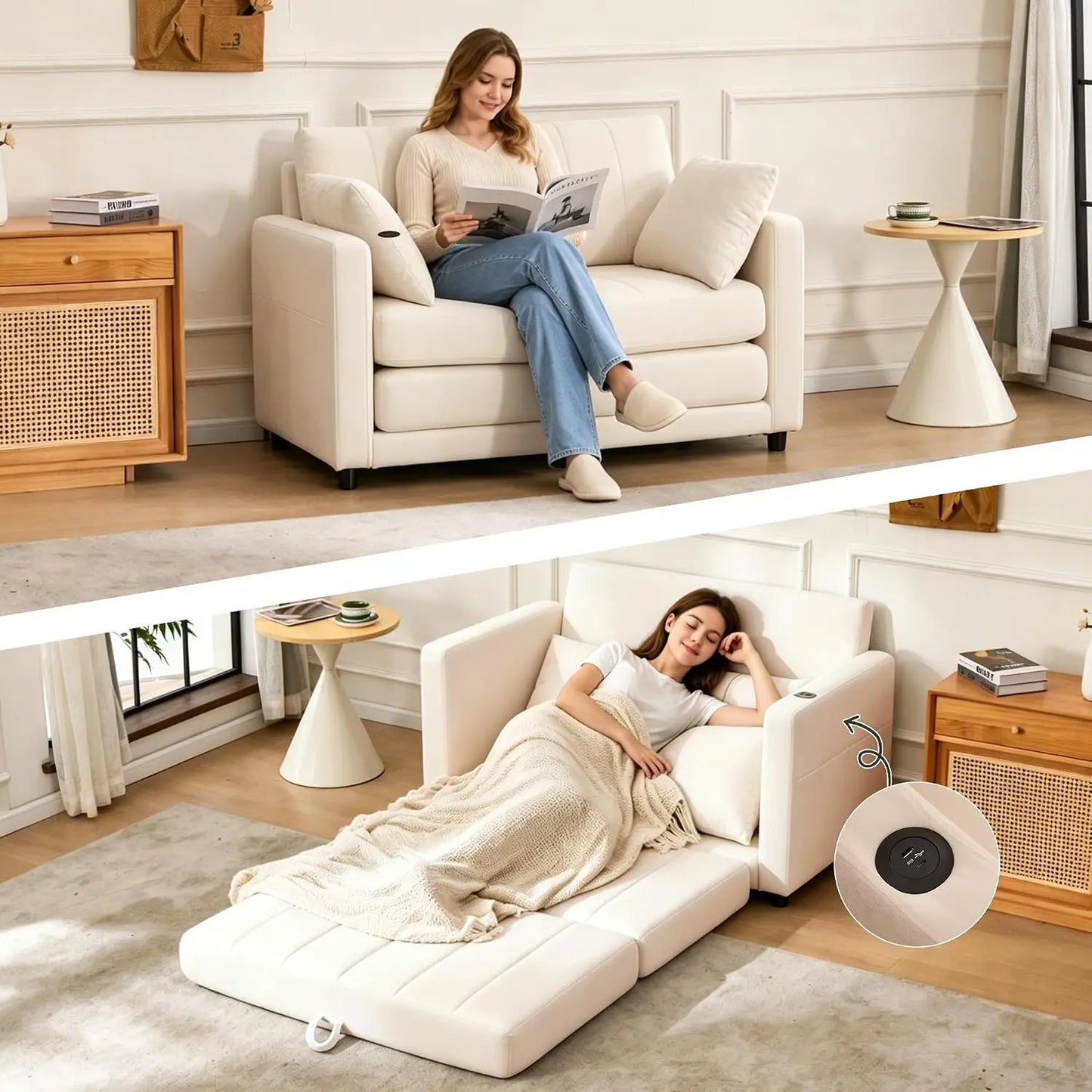 52" Convertible Loveseat Sofa Bed, 2 in 1 Sleeper Couch, Side Pockets, Space-Saving, Folding Sofa Bed with USB Port, Customized