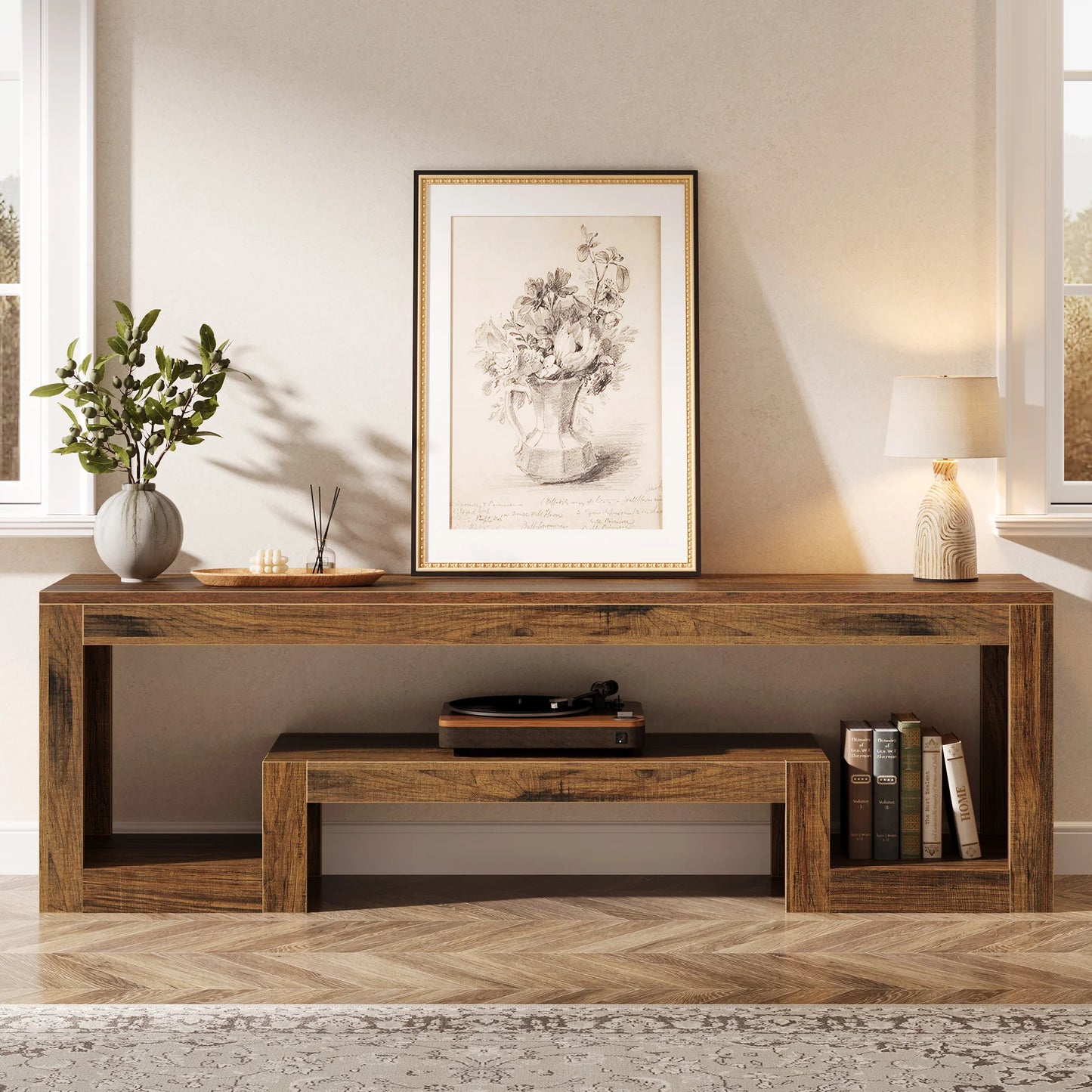 Tribesigns 63-Inch TV Stand for 55/60/65-Inch TVs, Farmhouse Entertainment Center with Open Storage Shelves, Rustic Brown Television Console for Living Room, Bedroom