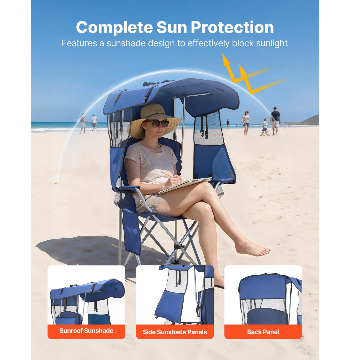 SucceBuy 330lbs Camping Chair with Canopy Shade Magazine Pocket 2 Cup Holders Carry Bags for Outdoor Fishing Tailgates Deep Blue