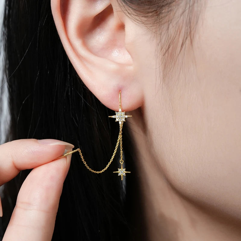 OXTAO Long Tassel Drop Earrings 100% Real 925 Silver Chain Moissanite Star Ear Line Earring Wedding Party Jewelry Gift for Women