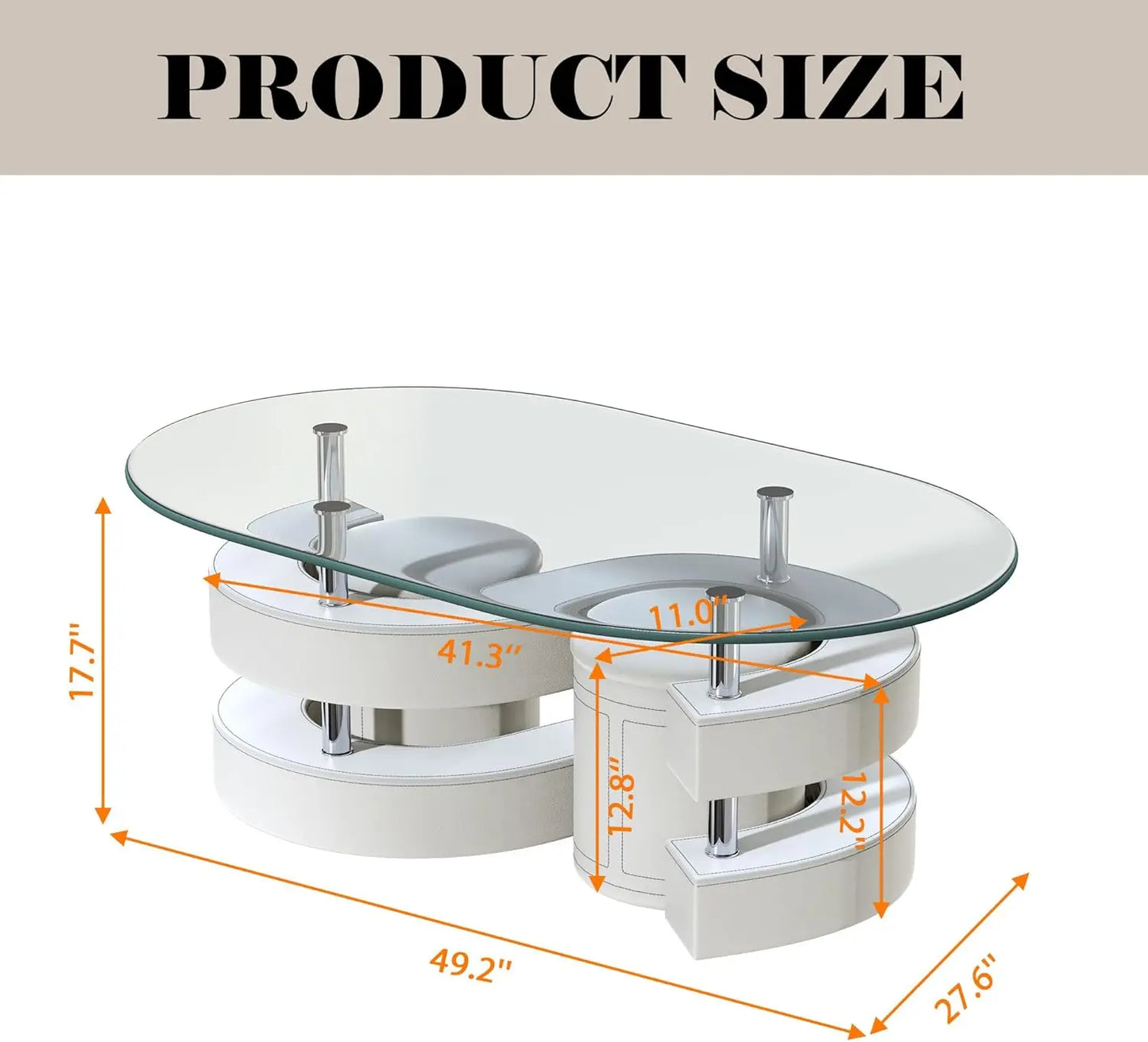 Oval Glass Coffee Table Set of 3, 0.39" Tempered Glass Top and S Shape Base, Modern Center Table with 2 Leather Stools, Accent C