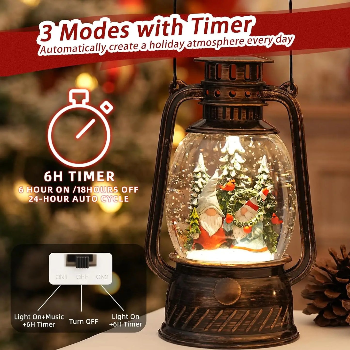 Gnomes Snow Globe Christmas Decorations, Light Up Musical Christmas Snow Globes Lantern with Glitter & 6H Timer