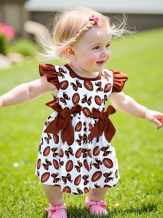 Girls Summer A-line Dress with Flutter Sleeves and Round Neckline featuring Rugby Print Design and Bow Embellishment