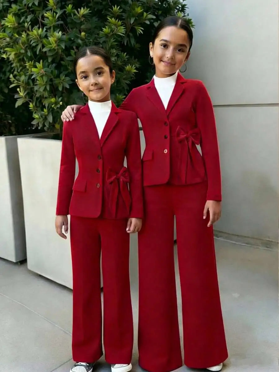Pink Girls' Single-Breasted Blazer Set with Bow Detail, Wide-Leg Pants for Semi-Formal Occasions
