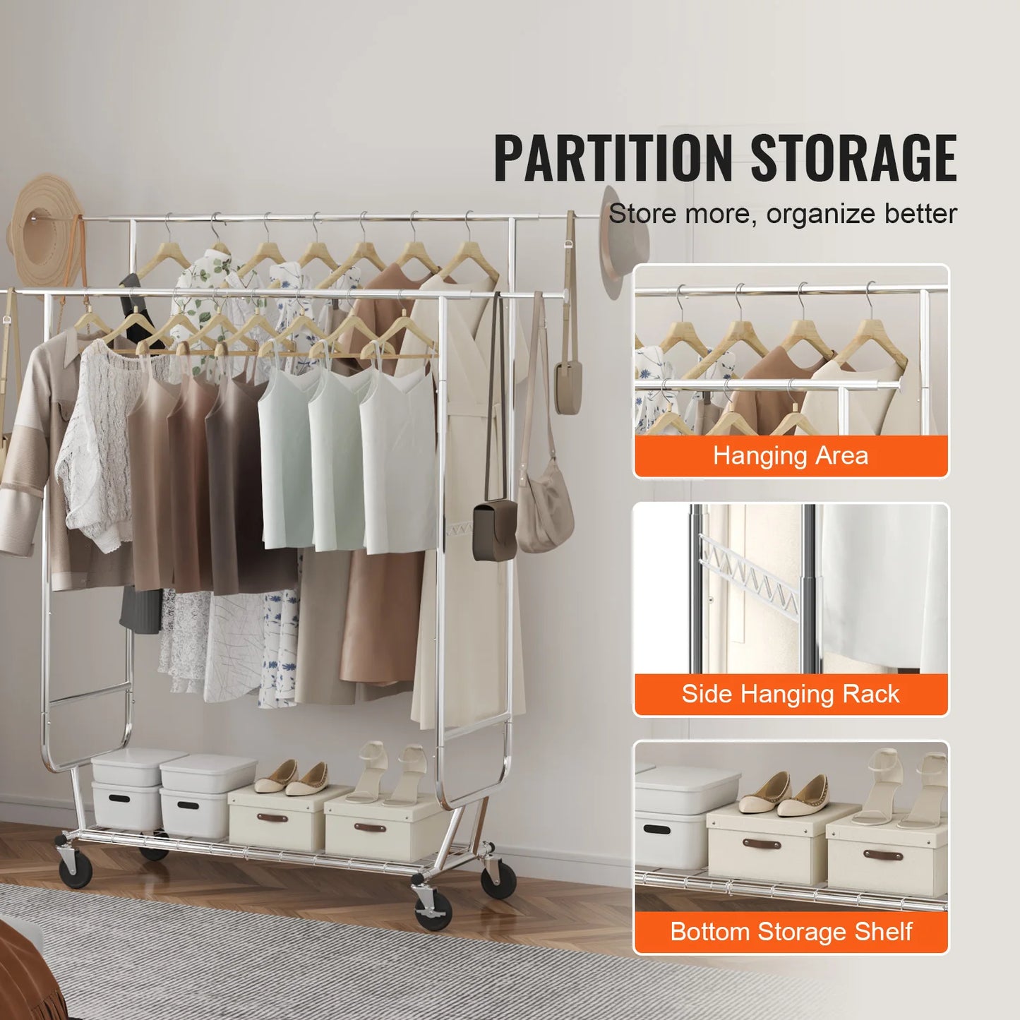 SucceBuy Clothing Garment Rack Heavy Duty Clothes Rack Adjustable Length Clothes Rack w/ Bottom Shelf & Wheels for Laundry Room
