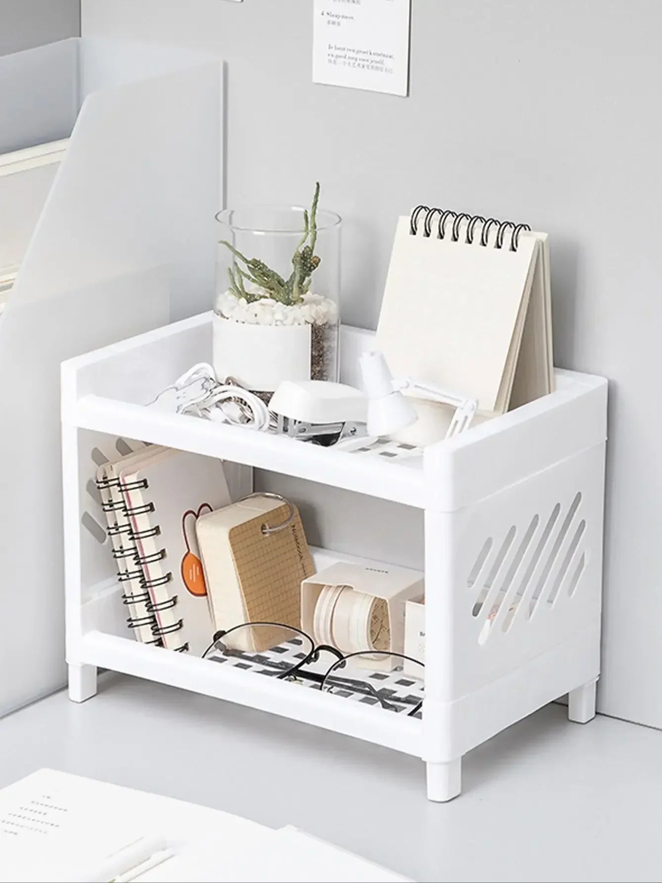 Modern Double-Deck Desk Storage Rack – Open Frame Office Organizer for Stationery, Notebooks & Daily Sundries
