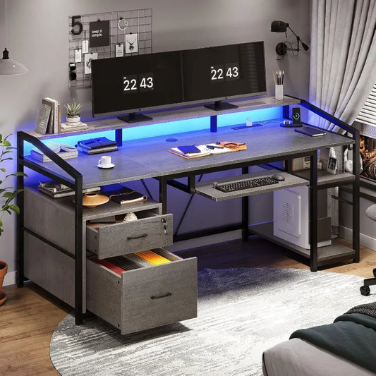 SEDETA 63" Computer Desk, Office Desk with Lockable Drawers for Legal/Letter File,Gaming Desk with LED Lights&Power Outlet, Grey