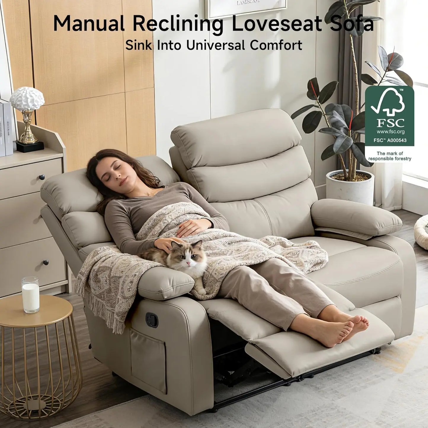 Wall Hugger Reclining Loveseat Anti-Scratch Leather Side Pocket Living Room RV Home Theater 2-Seat Beige, Customized