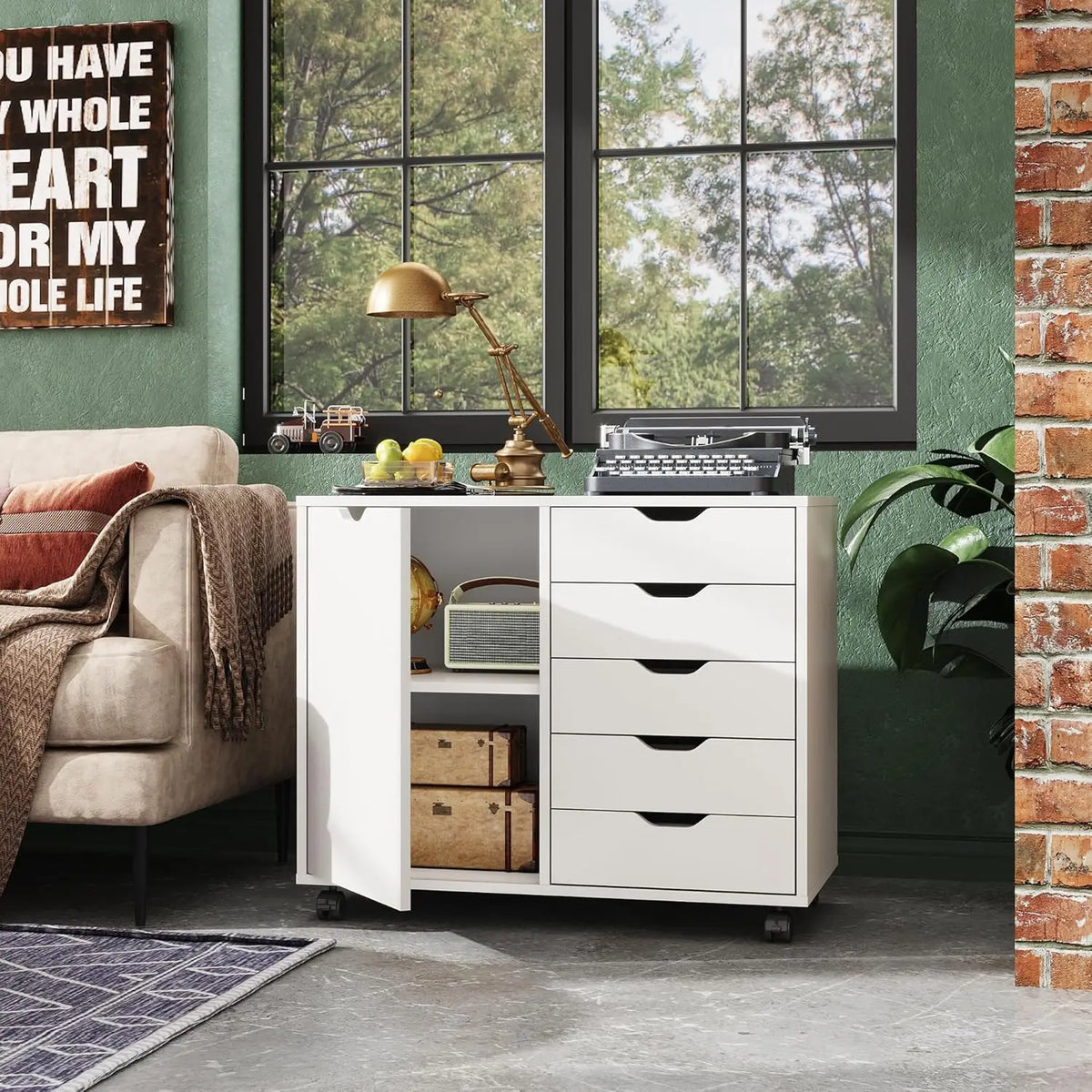 5-Drawer Wood Drawer Cabinet, Office Storage Cabinet with Adjustable Shelf & Wheels, Printer Stand for Home Office, Customized