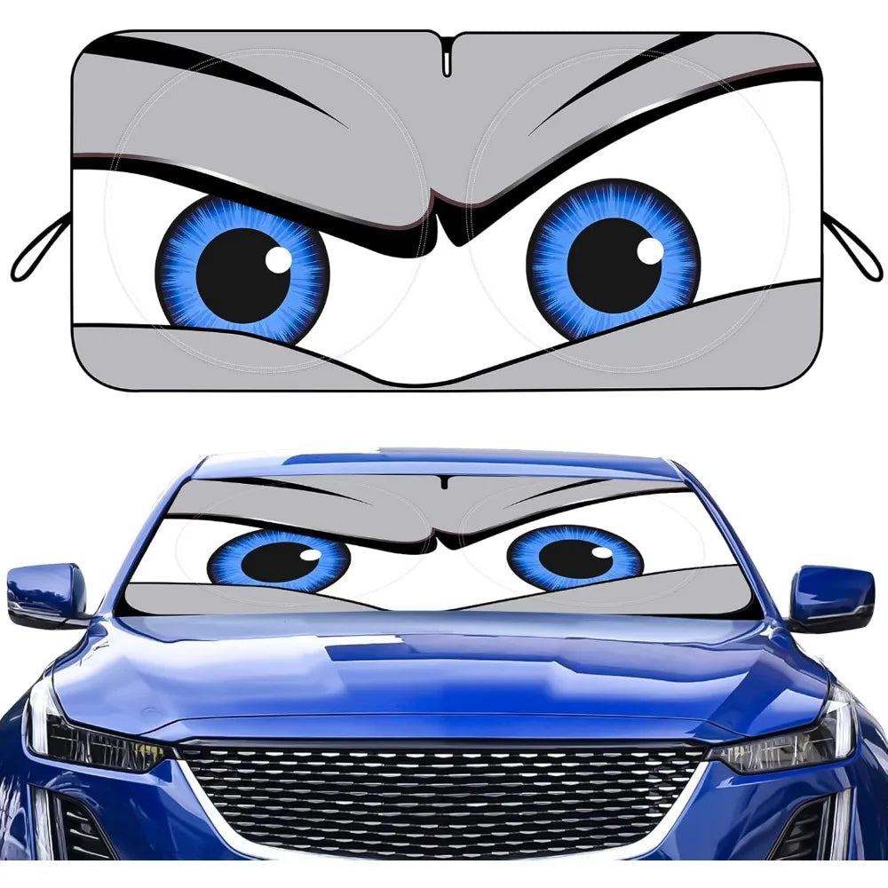 Foldable Car Windshield Sunshade with Funny Eyes Design Wear-Resistant Black Tape 59x27 or 63x31