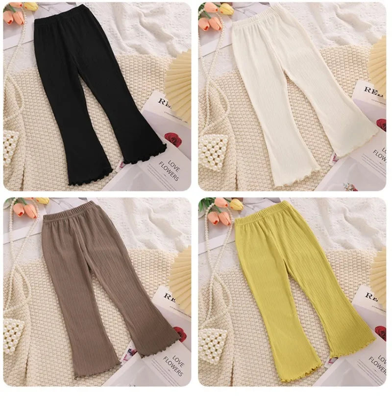 Children Summer Solid Color Thin Ribbed Knit Flared Pants Girls Casual Trousers Korea Fashion Pants Girl Princess Style Capris