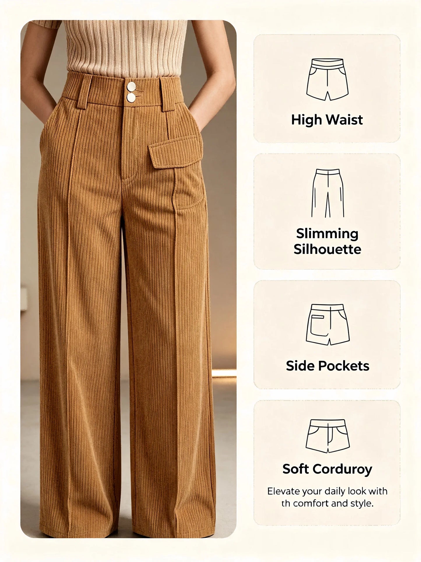 Women's High Waist Corduroy Wide Leg Pants Casual Loose Fit Trousers with Pockets Streetwear