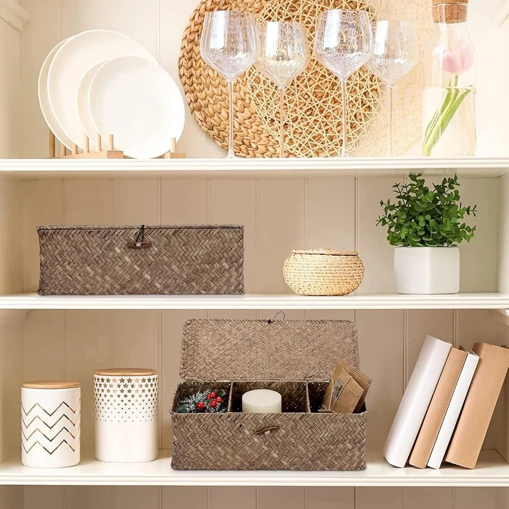 Handwoven Seagrass Storage Basket with Lid 3 Compartments Organizer Bathroom Kitchen Office Living Room Shelves Countertop