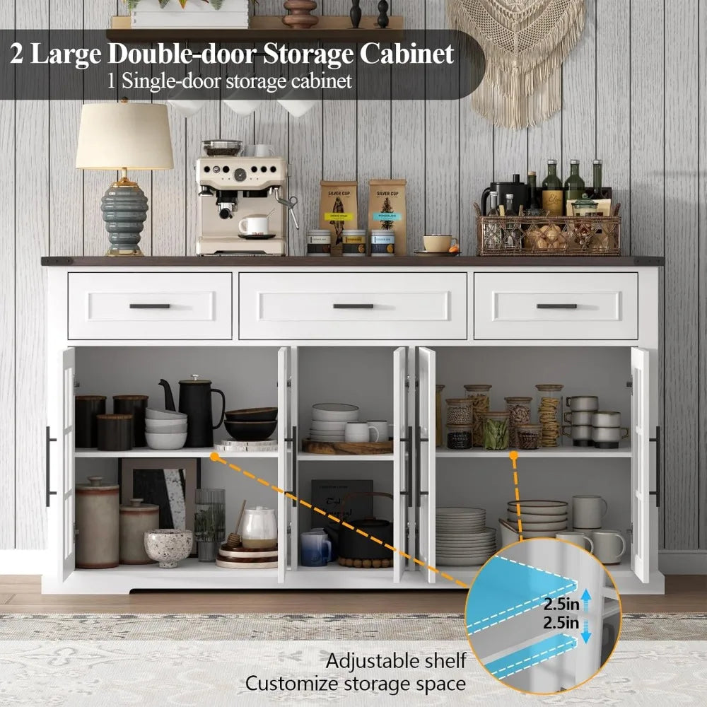Buffet Cabinet with Storage, 63" Large Sideboard Cabinet with 3 Drawers & 5 Glass Doors, Modern Farmhouse Kitchen Cabinets Buffe