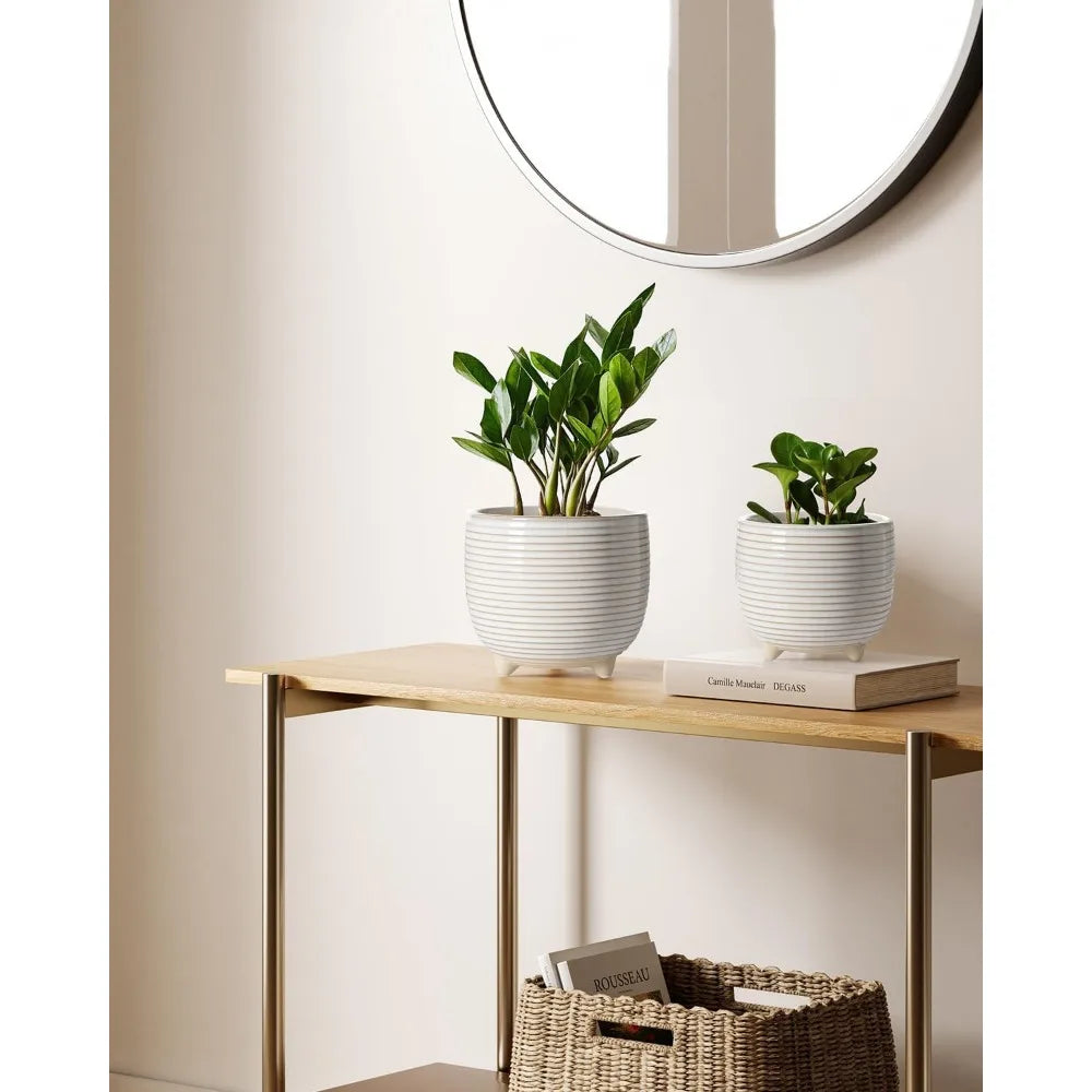 Ceramic Plant Pots 5.1 and 6.4 Inch with Drainage Modern Indoor Footed Planters Reactive Glaze White