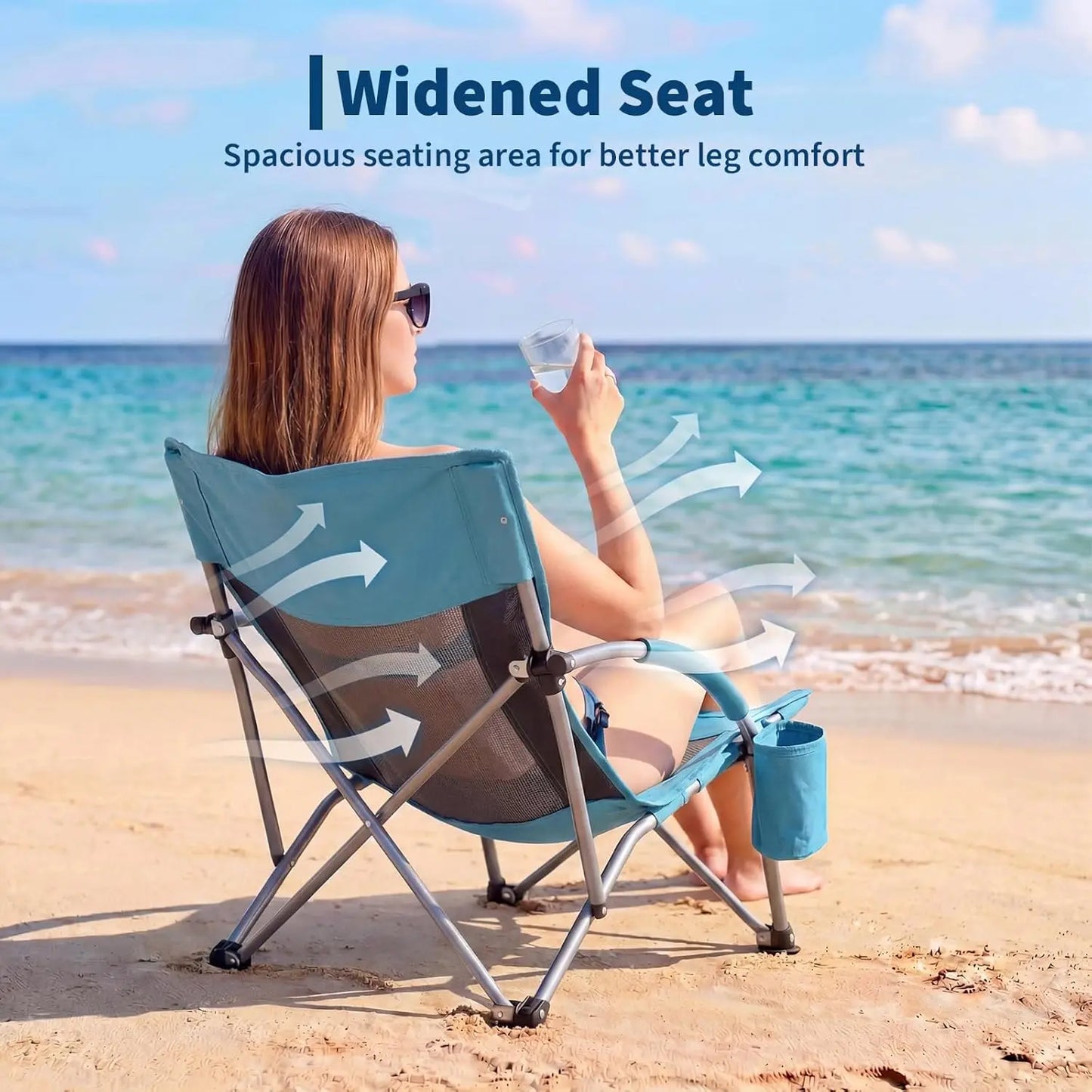 High Back Beach Chair,Folding Beach Chairs, Extra Wide Seat Chair with Cup Holder, Storage Pocket & Carry Bag for Camping Travel