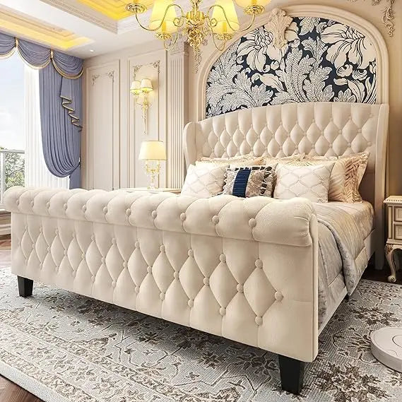 hisoft queen bed frame, 42" tall velvet upholstered sleigh bed with wingback headboard & scrolled footboard, no box spring neede