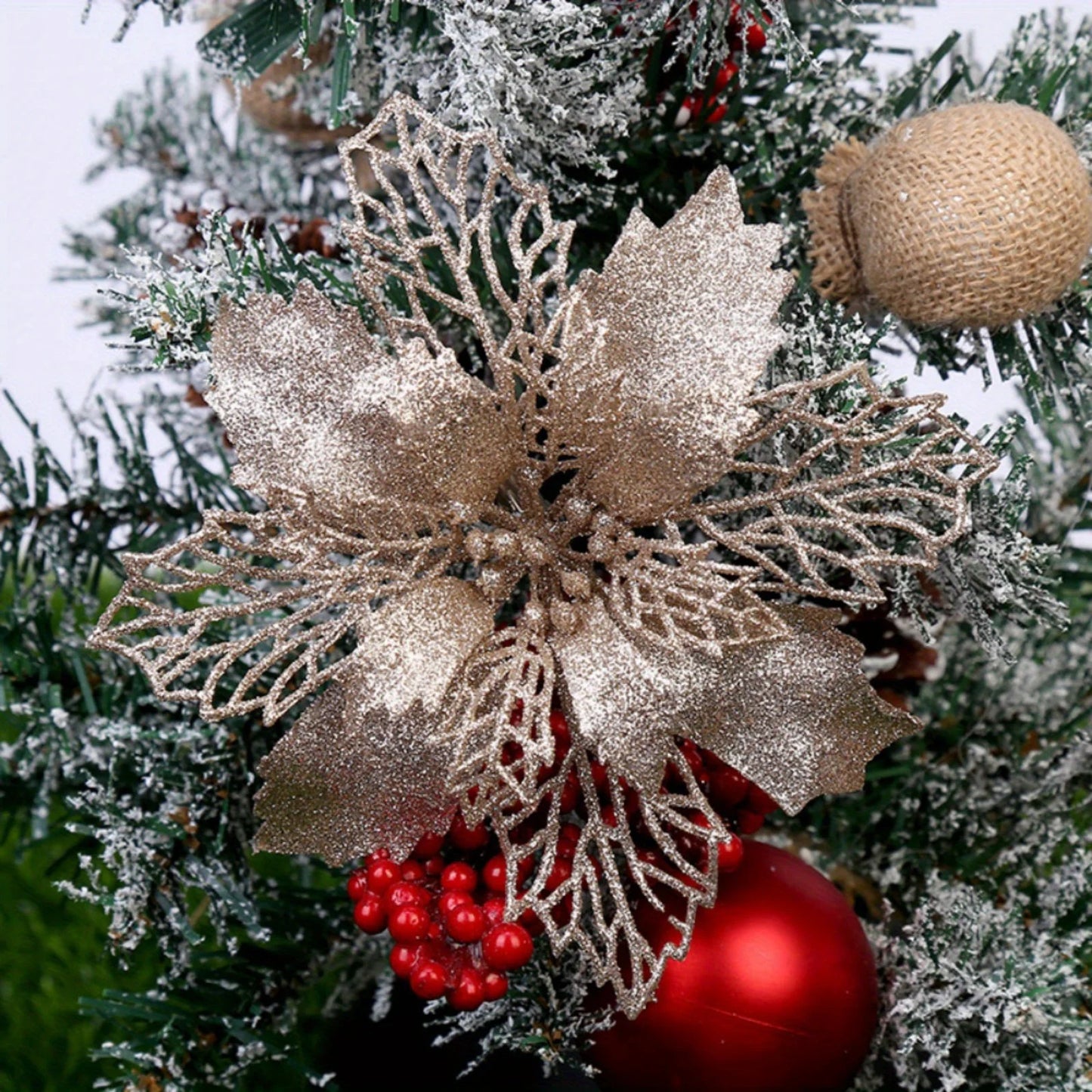 10pcs/set Christmas Glitter Flower 10cm Gold Silver Red Artificial Floral Head Xmas Tree Decoration Home New Year Navidad Gift