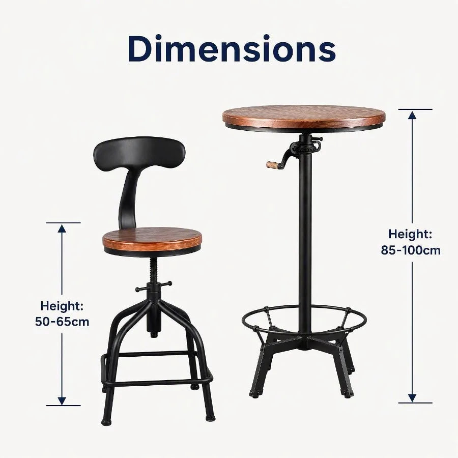 Three Piece Adjustable Bar Table and Stool Set with Black Iron Backrests