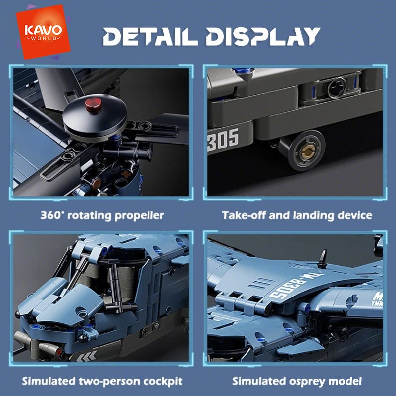KAVOWORLD 1486PCS Military V-22 Transport Aircraft Helicopter Building Blocks Set STEM Gift DIY Assembly Airplane Bricks Toys