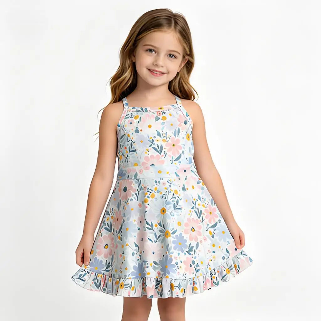 Girls Floral Printed Casual Dress Soft Sleeveless Dress for Kids