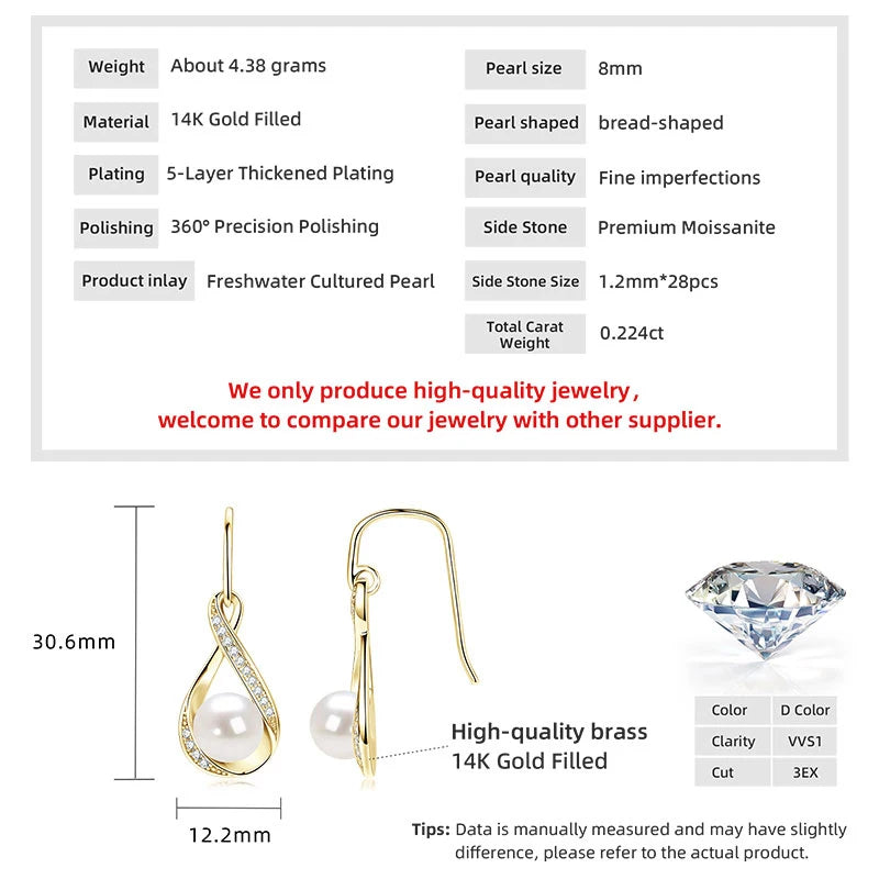 OXTAO Infinity D Moissanite Dangle Hook Earrings for Women 8mm Natural Freshwater Pearl Earrings Wedding Jewelry Gift 14K Gold Filled