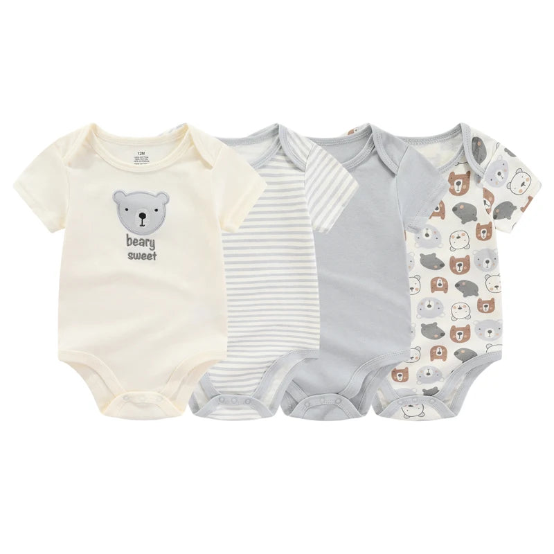 Kiddiezoom Fashion Cartoon 4-piece Summer 100% Cotton Boys and Girls jumpsuit Newborn jumpsuit set
