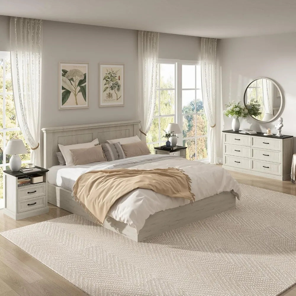 Farmhouse Dresser and Nightstand Sets for Bedroom, 3 Pcs Bedroom Set, 6 Drawer Dresser & Nightstand Set of 2, Modern Wood Chest