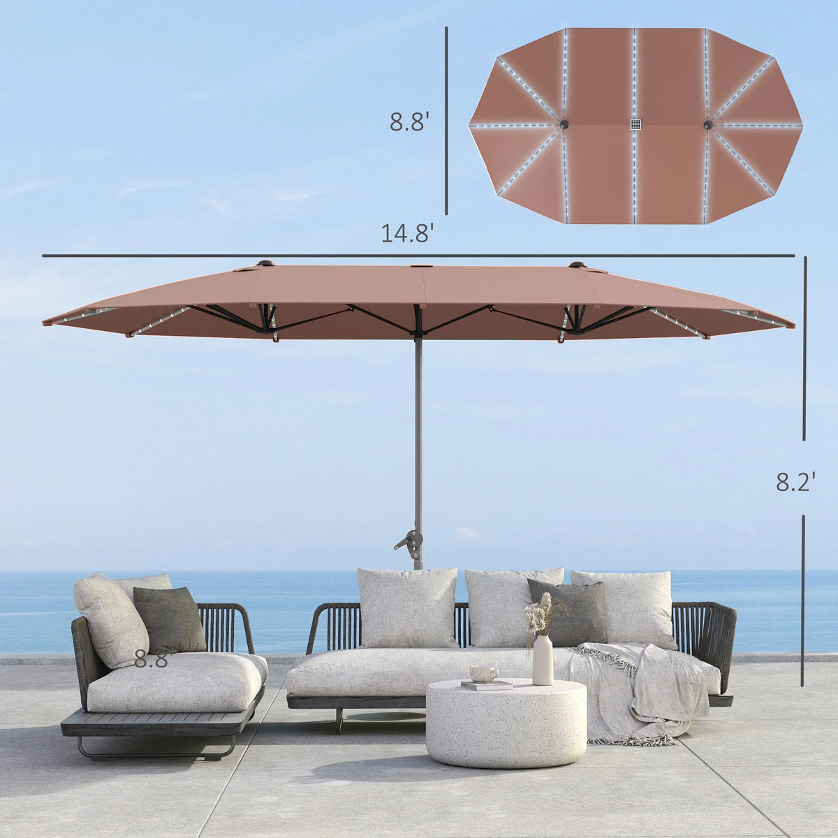 15ft Patio Umbrella with Solar Lights Upf50+ Outdoor Umbrella Tan