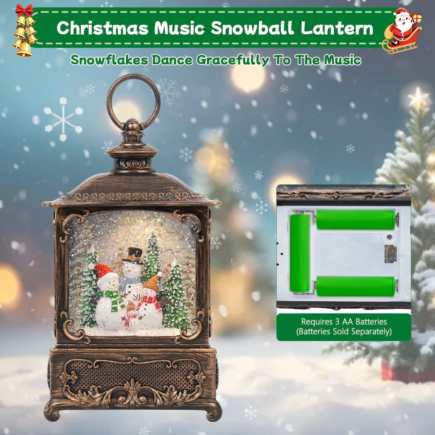 Christmas Music Snow Globe Lantern with LED Lights & Falling Snowflakes, Holiday Melodies and Warm White Glow for Christmas Deco