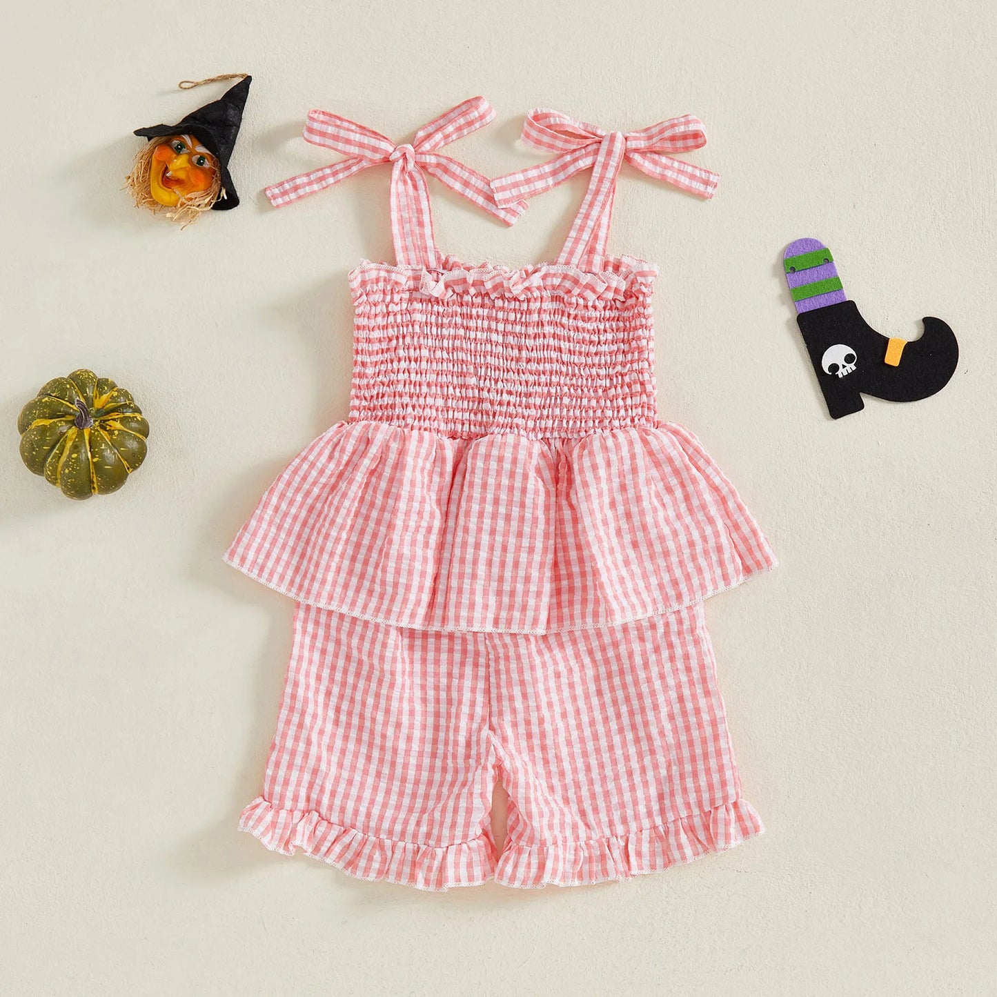 Summer Halloween Kids Girls Clothes Embroidery Pumpkin Camisole Plaid Shorts Romper Outfit