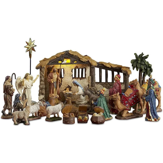 Nativity Set for Christmas Indoor 23 Piece 5 Inch Figures with Lighted Stable, Palm Tree and Chests of Gold, Frankincense