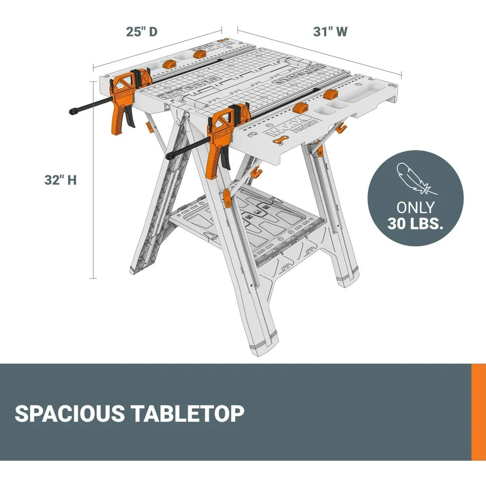 2025new-Folding Work Table and Sawhorse by Worx Pegasus, Portable Workbench with Easy Setup, 31 Wide x 25 Deep x 32 Tall Lightwe