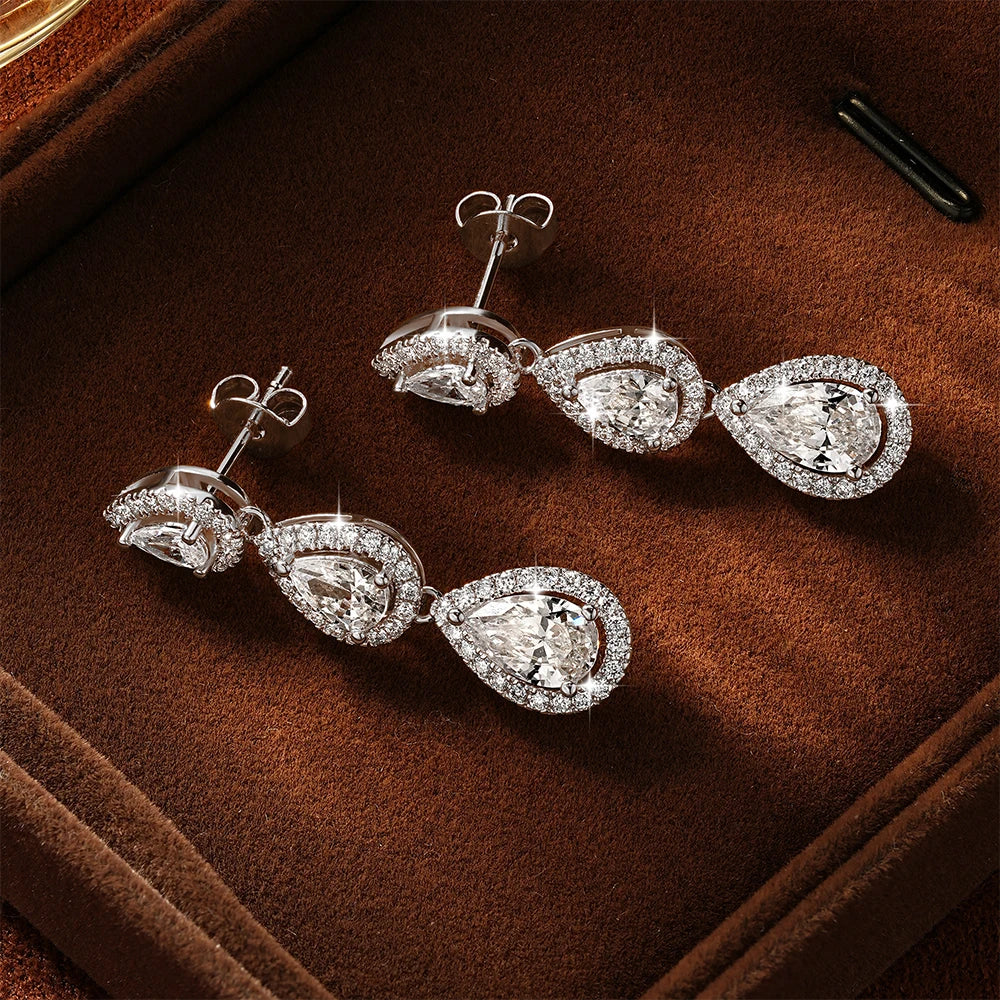 OXTAO 3-Stone Pear Cut 5A CZ Halo Drop Earrings for Women Girl Birthday Party Gift D VVS1 for Women Tassel Moissanite Dangle Earrings 14K Gold Filled