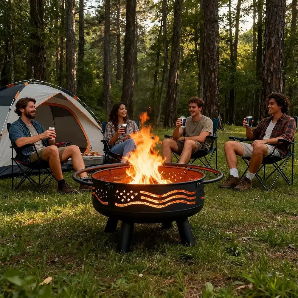 32 Inch Round Metal Wood Burning Fire Pit with Mesh Cover & Poker, Perfect for Outdoor Patio, Garden, Backyard Gatherings, Ideal