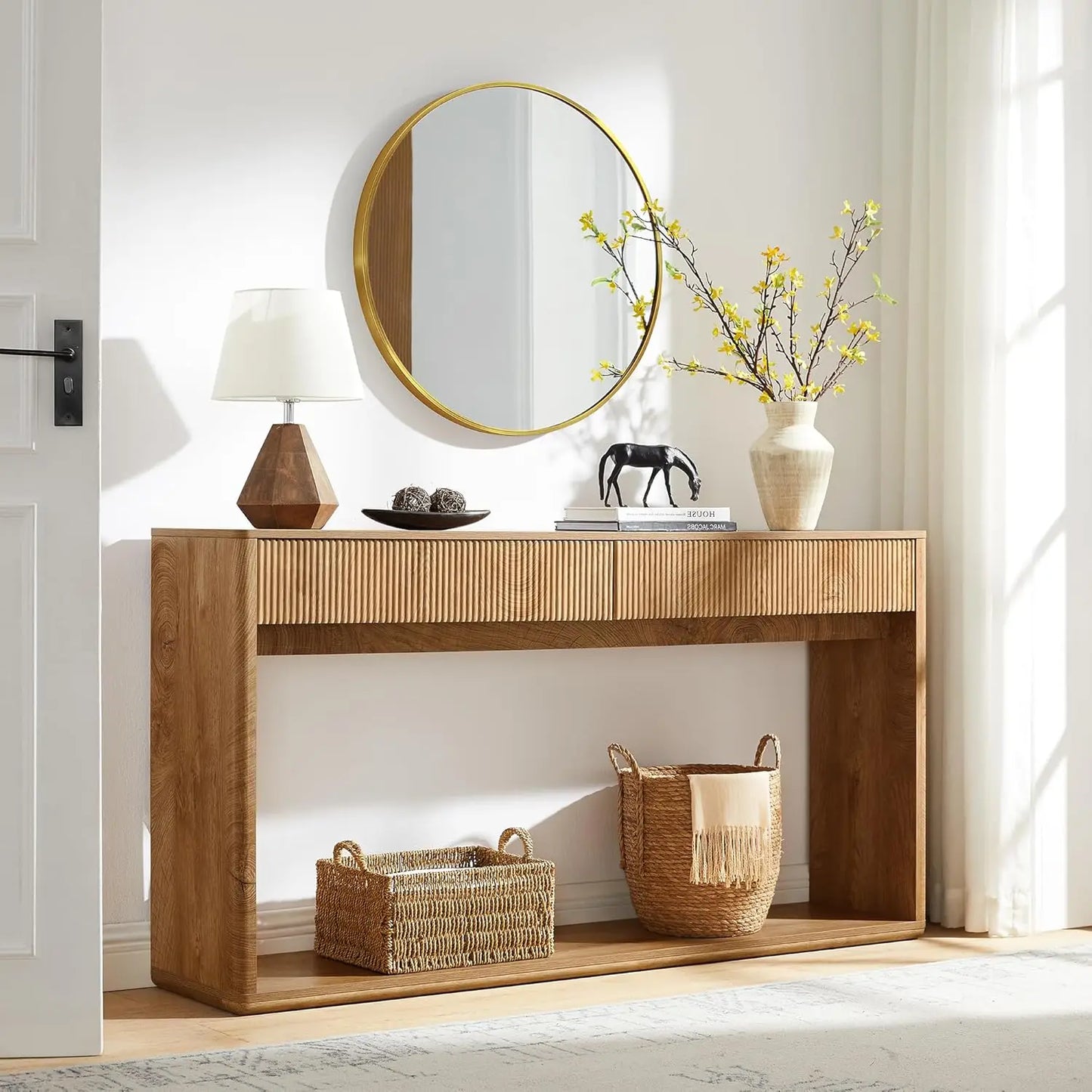 63" Fluted Console Table with 2 Large Drawers Long Entryway Sofa Table for Living Room Hallway Foyer Dark Walnut, Customized