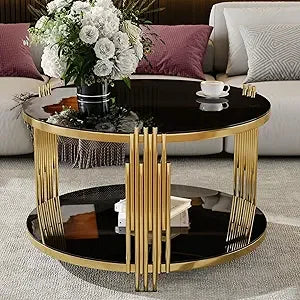 mirror coffee table, asymmetrical metal, circular metal drum base, gold finish lower shelf modern, black