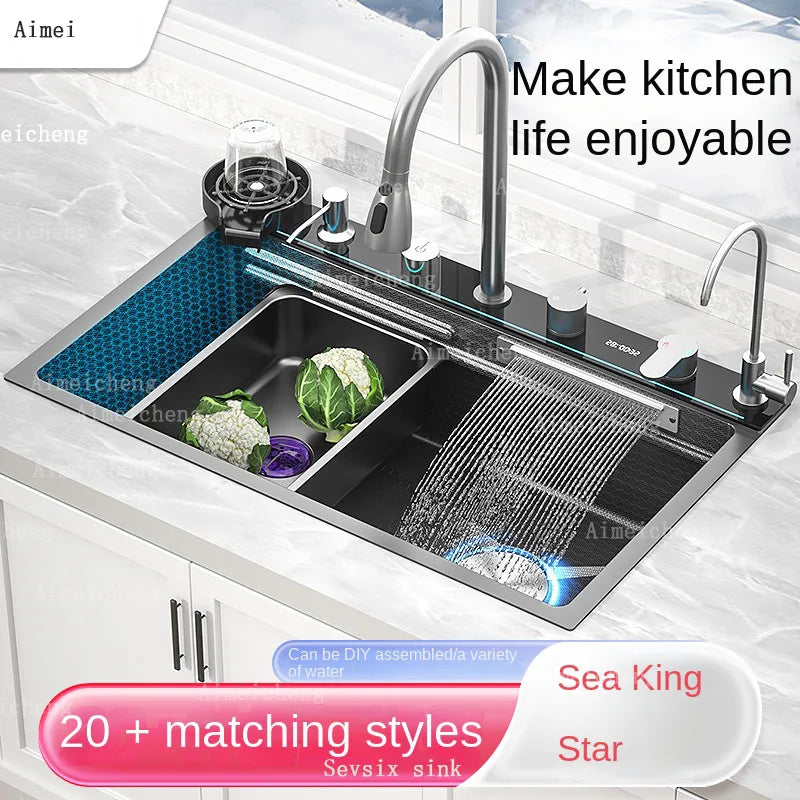 Easy Clean Digital Display Extra Large Single Bowl Hot Sale Stainless Steel Waterfall Kitchen Sink Home Vegetable Washing Sink