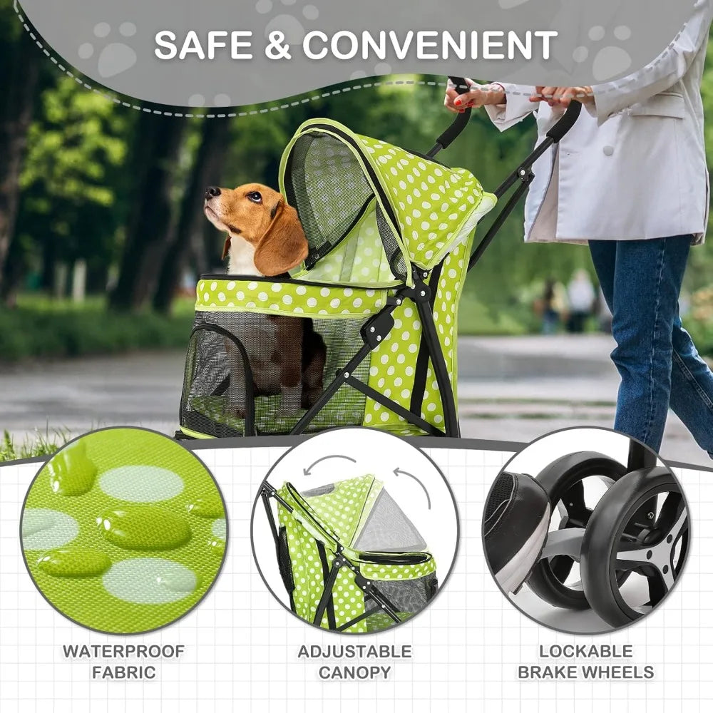 Four Wheel Pet Stroller Foldable Mesh Storage for Medium Small Cats Dogs