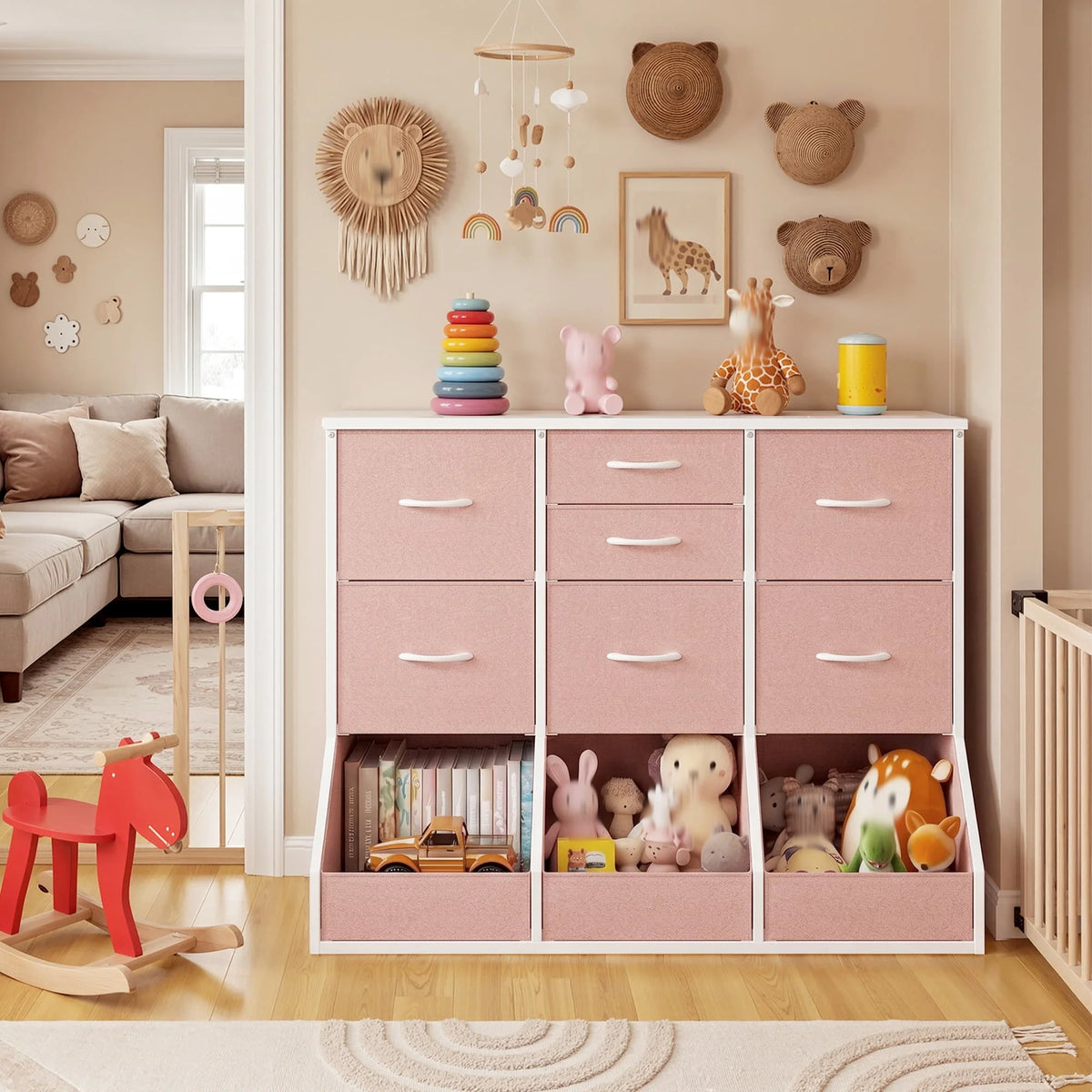 EnHomee 10-Storage Fabric Dresser – 7 Drawers & 3 Open Compartments, Wood Top & Metal Frame – 39.3"W x 17.7"D x 31.5"H – For Bedroom, Entryway, Hallway
