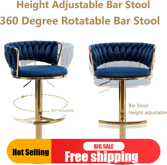 TOP-notch Velvet Bar Stools Set of 3, Counter Height Barstools with Low Back, Gold Swivel Bar Stool for Kitchen Island, Pub (Blu