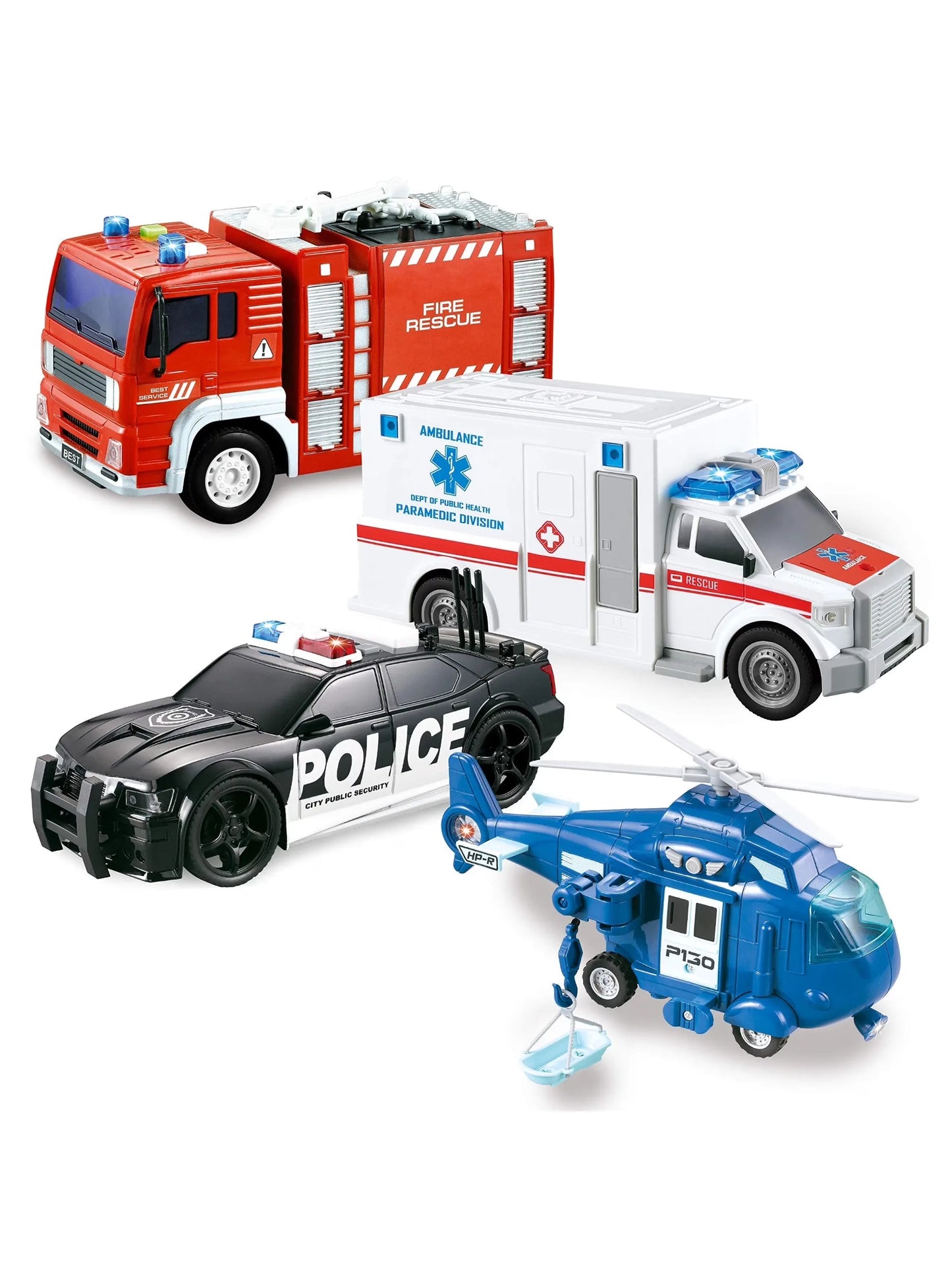 Joyfy 4 Packs Emergency Vehicle Playset Friction Powered Truck Ambulance Fire Truck Police Car Helicopter for Kid Birthday Gifts