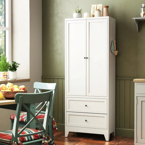 72 Inch White Steel Pantry Cabinet With 2 Drawers And Adjustable Shelves