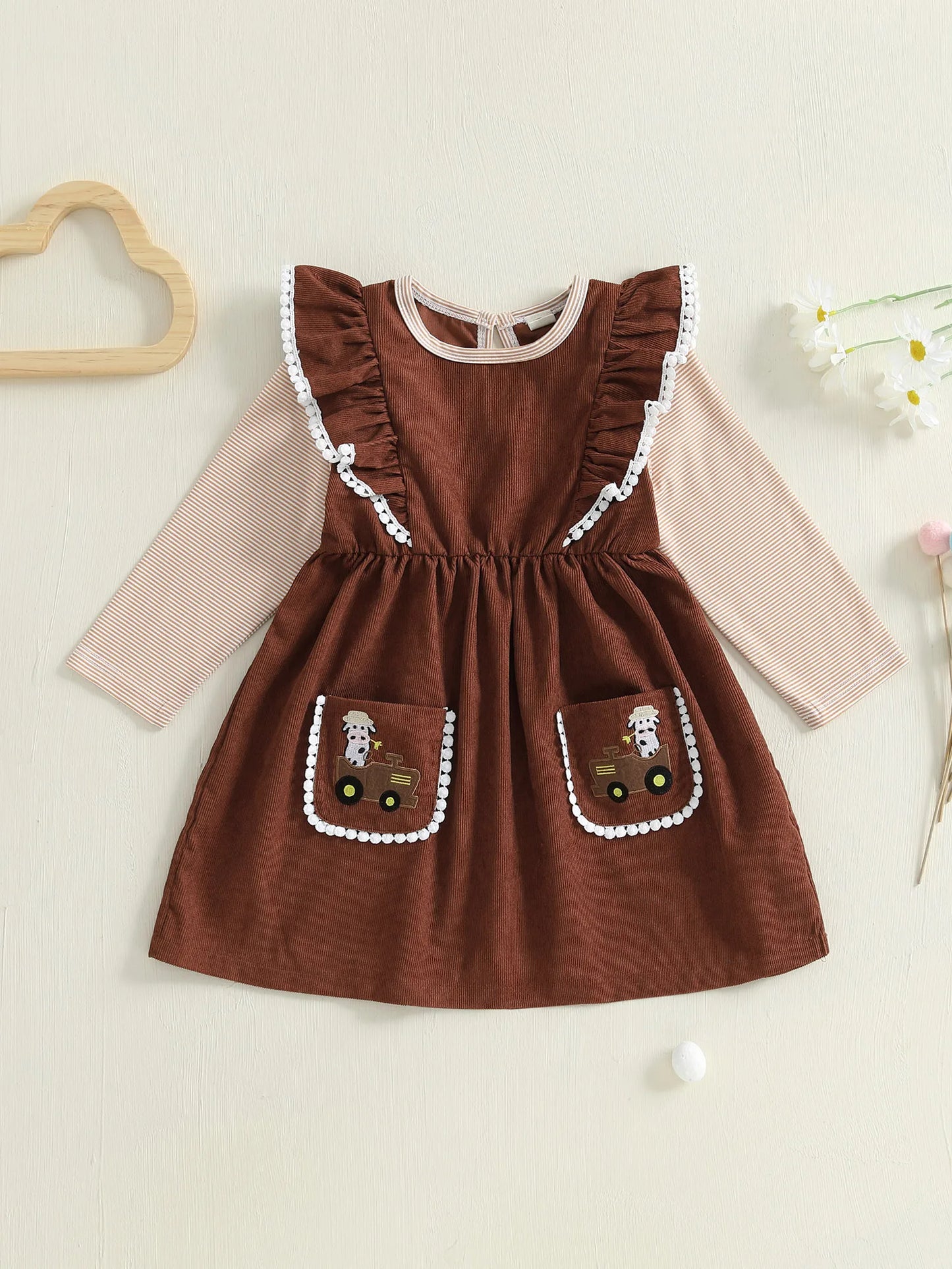 Girls Long Sleeve Crew Neck Striped Embroidered Horse Casual Dress with Pockets and Ruffle Hem for Fall Winter