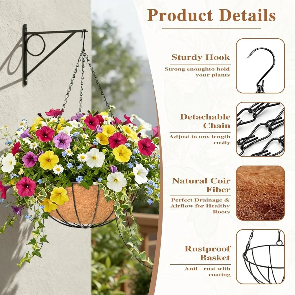 4 Pack 16 Inch Metal Hanging Planters with Coco Coir Liners Round Wire Plant Holders Chain Flower Baskets Outdoor Garden Decor