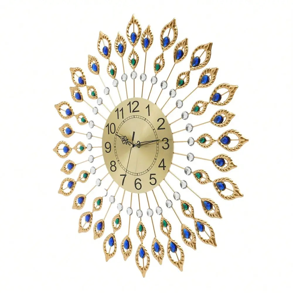 Wall Clock For Living Room Decor,Crystal Peacock Wall Clocks Modern Design 3D Clocks For Decor Large Round Metal Silen