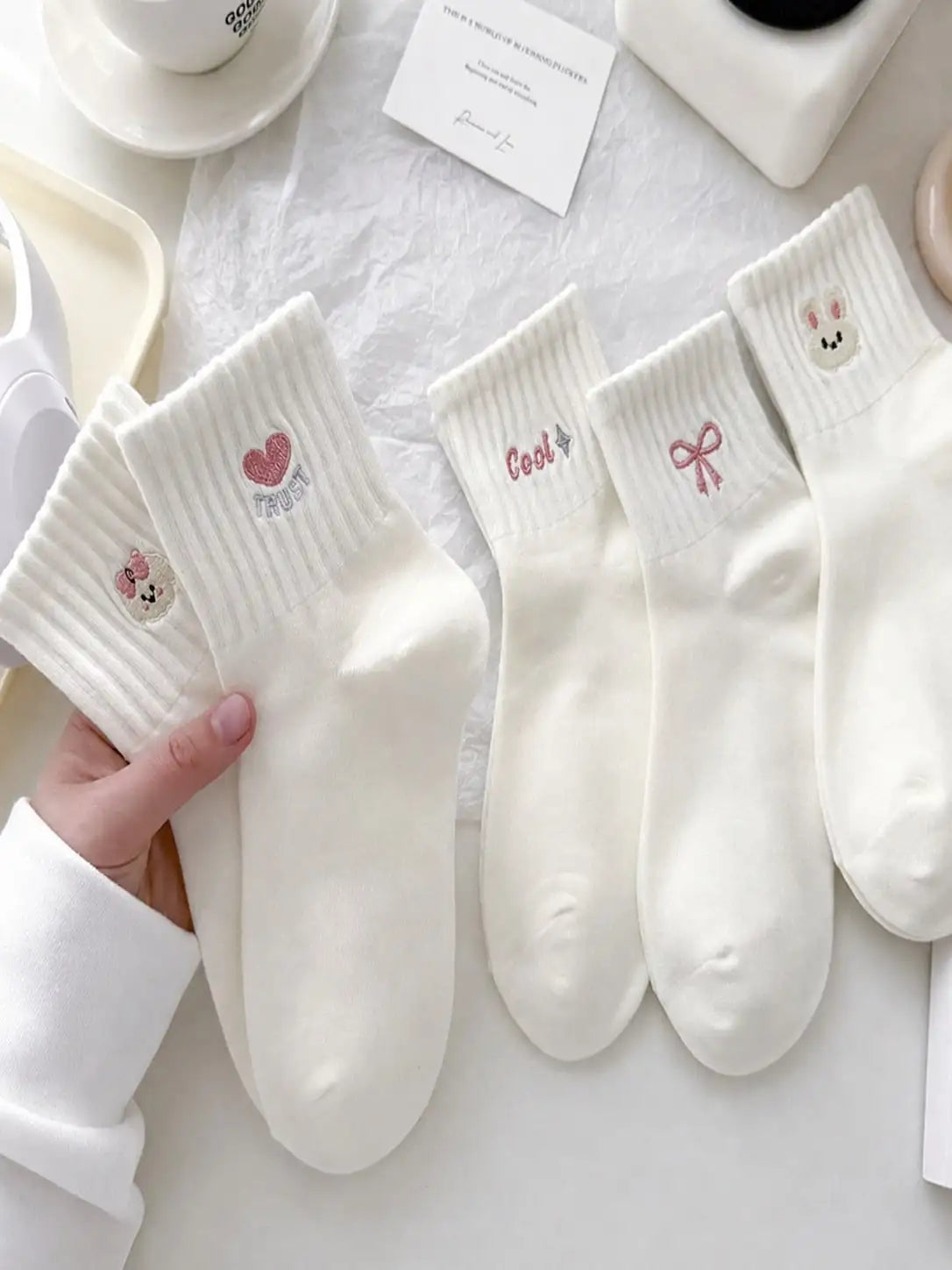 5 Pairs Women's Cute Bow & Floral Pattern Short Socks, Fashionable College Style, Comfortable & Breathable, Versatile For Daily, Sports, Casual Wear, Suitable For Spring, Summer, Autumn