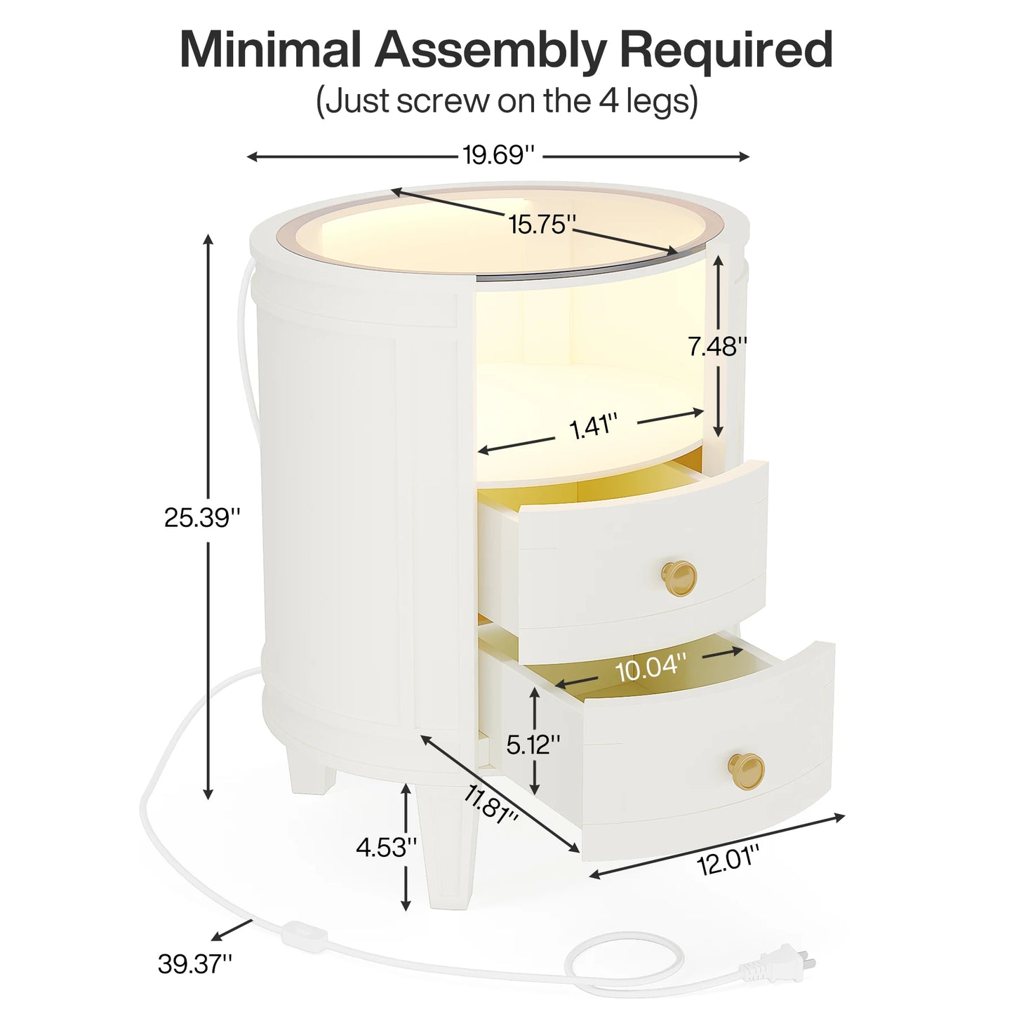 LITTLE TREE 2-Drawer Nightstand with Glass Tabletop, Modern White Oval LED Nightstands, No Assembly Required